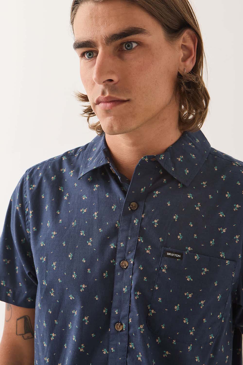 Brixton Charter Print Short Sleeve in Washed Navy Micro Floral — Detail view