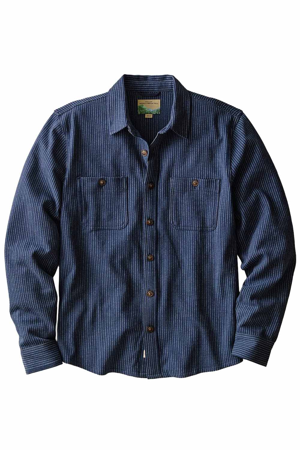 Marine Layer Pacifica Overshirt in Navy Railroad Stripe — Flatlay view