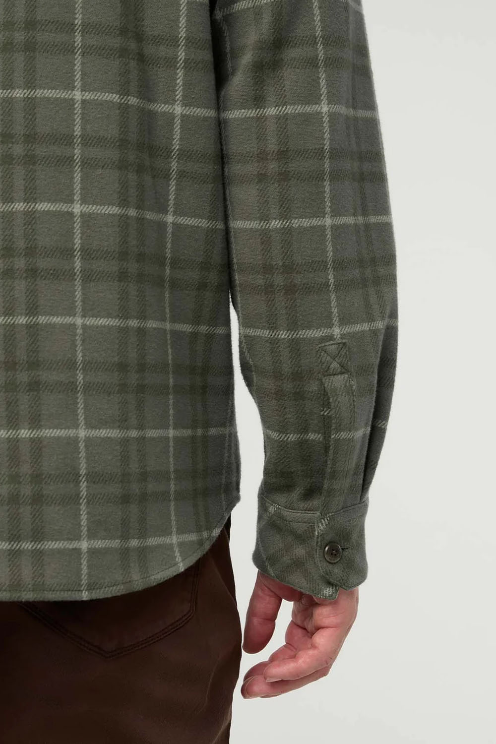 Duer Performance Flannel Overshirt in Thyme Plaid — Detail-2 view