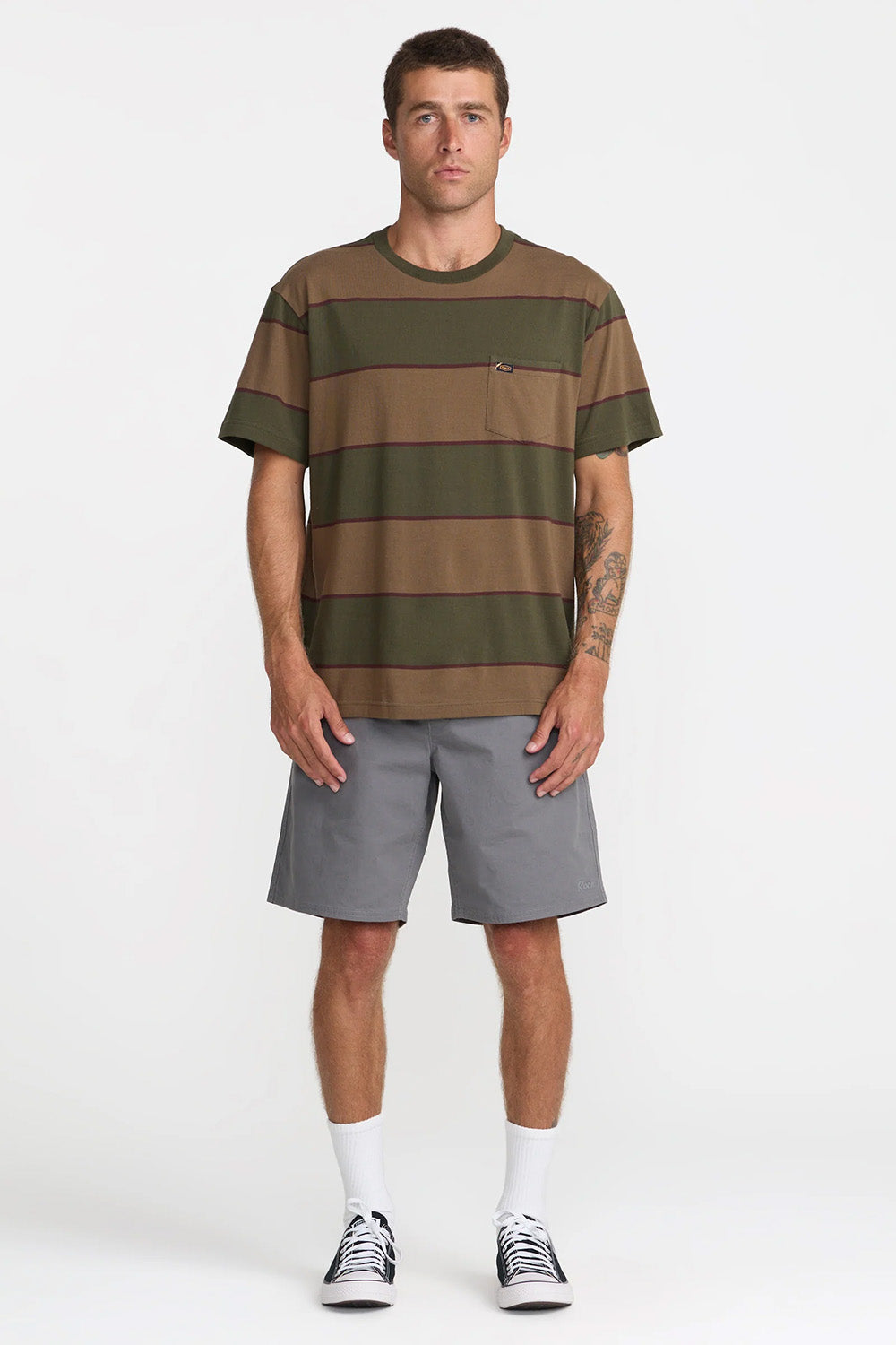 RVCA Dayshift Stripe Tee in Fatigue — Full-Body view