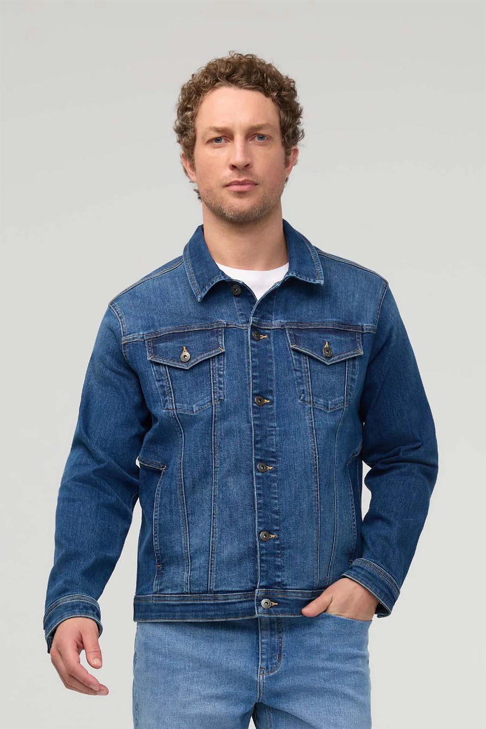 Duer Performance Denim Jacket in Alpine Indigo — Front view