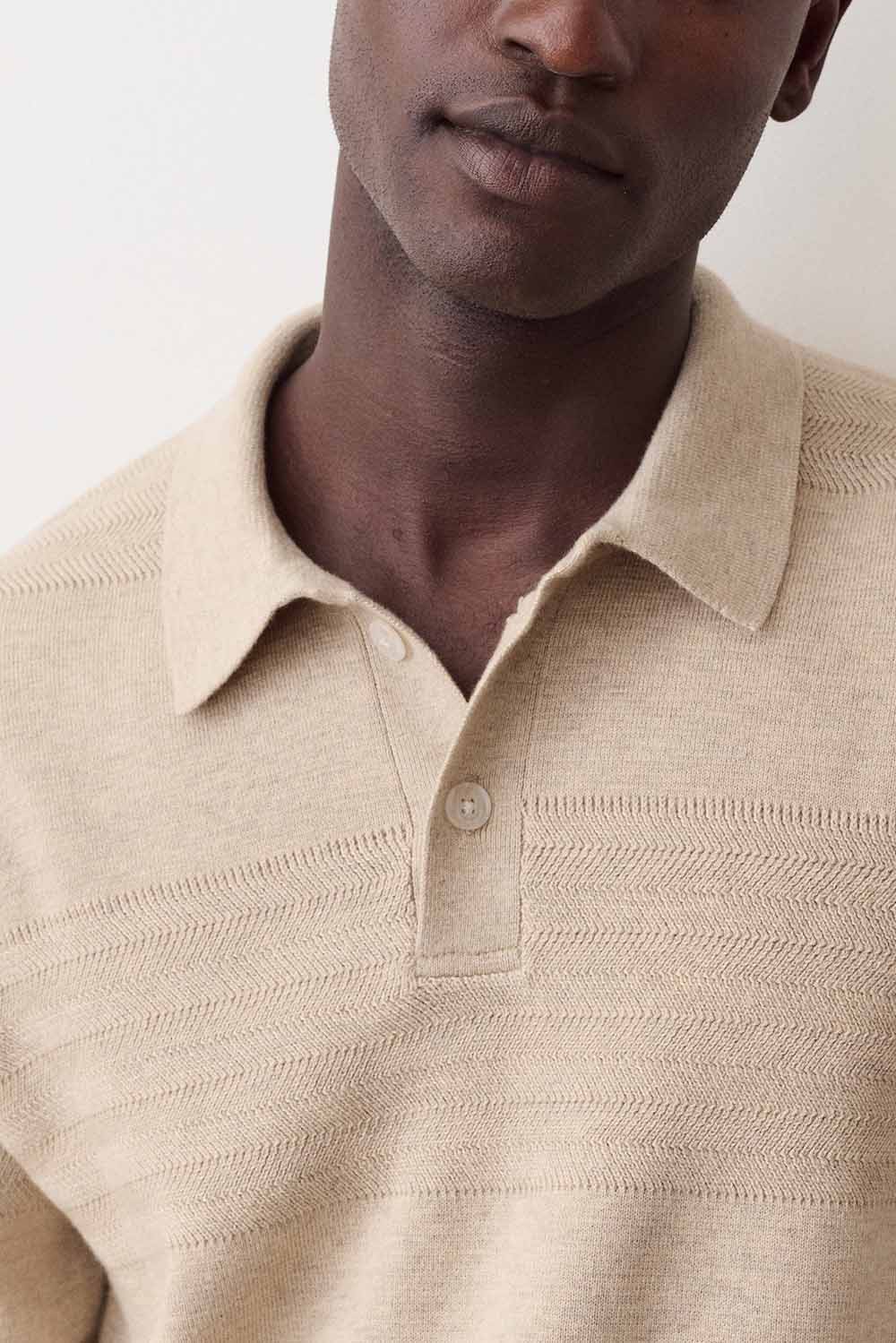 Marine Layer Rugby Sweater Polo in Driftwood — Detail collar view