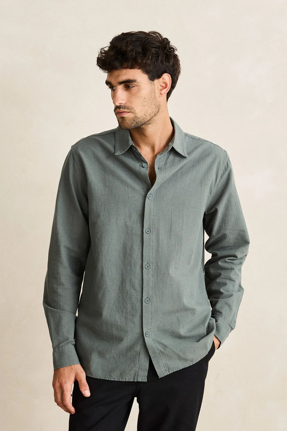 Rhythm - CLASSIC LINEN LS SHIRT - Silver Pine - Profile