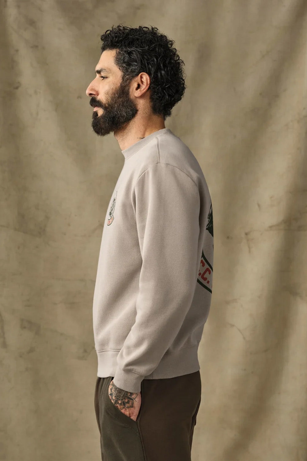 Filson Bear Graphic Crewneck in Vintage Khaki — Side view