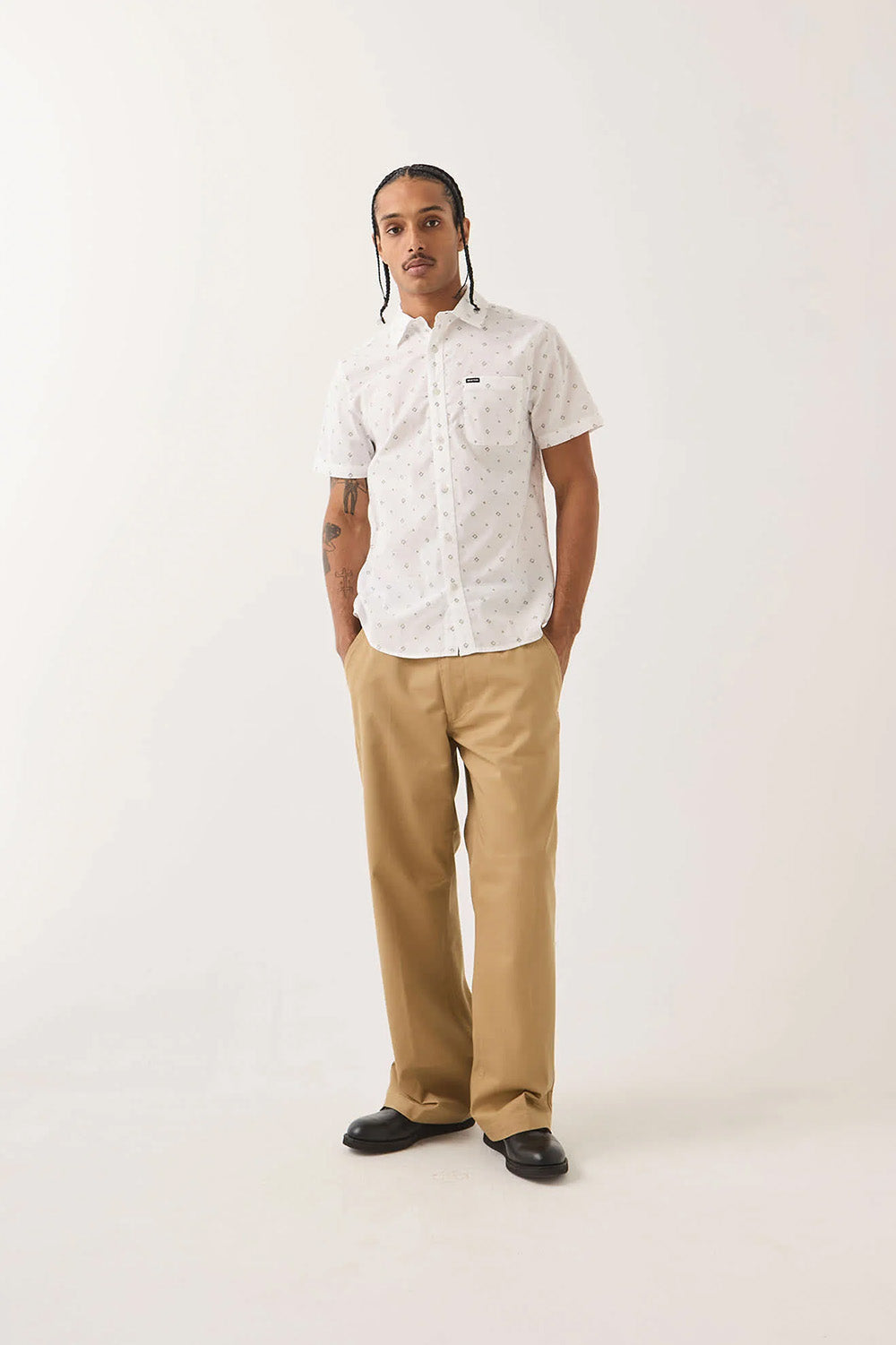 Brixton Charter Print Short Sleeve in White/Geo — Full-body view
