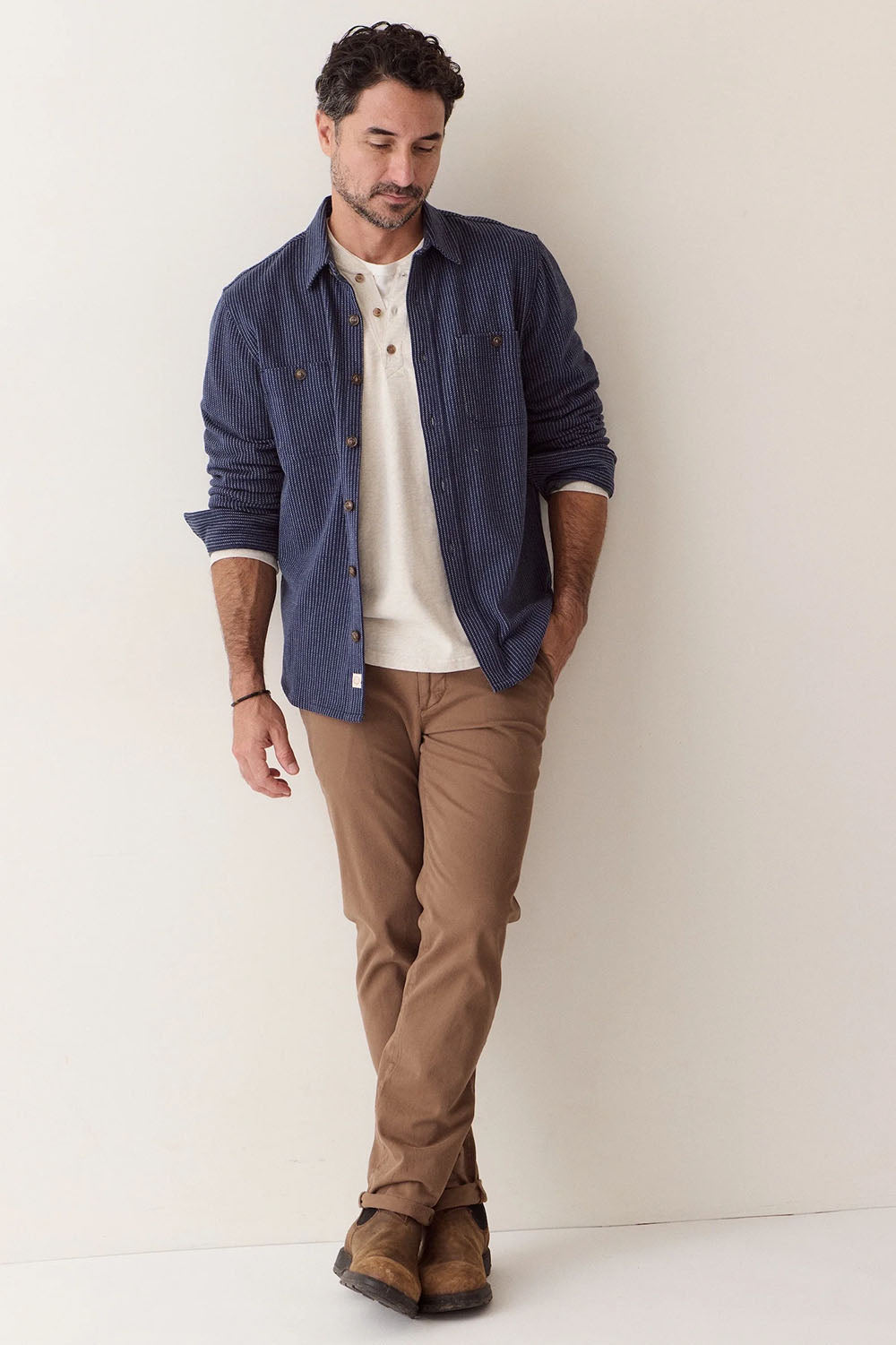 Marine Layer Pacifica Overshirt in Navy Railroad Stripe — Lifestyle view