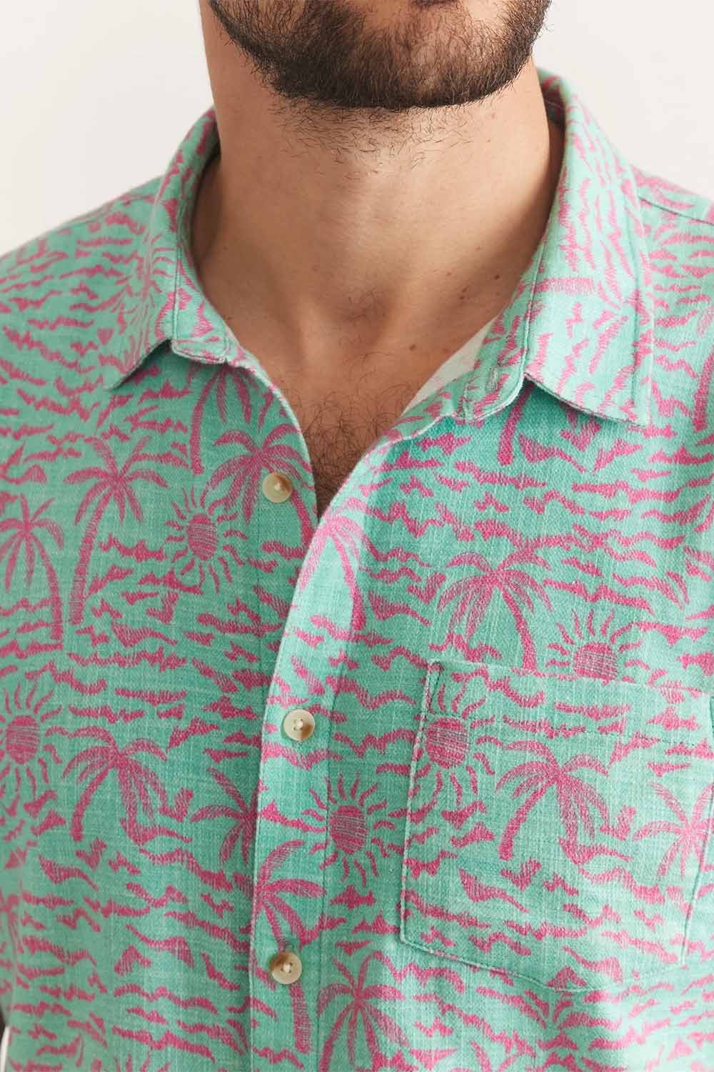 Marine Layer - Stretch Selvage Shirt - Teal Palm - Collar