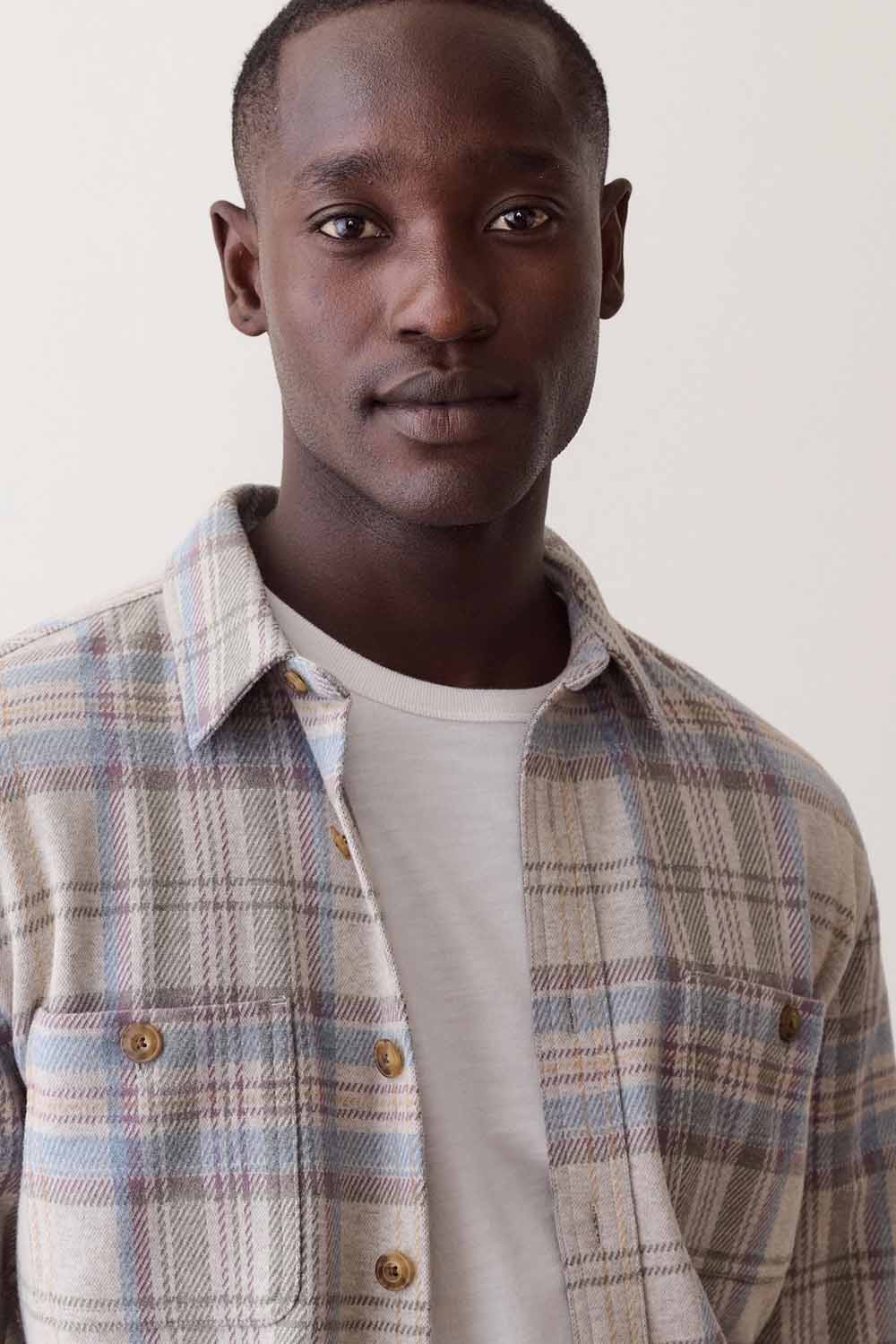 Marine Layer Pacifica Overshirt in Grey Plaid — Detail collar view