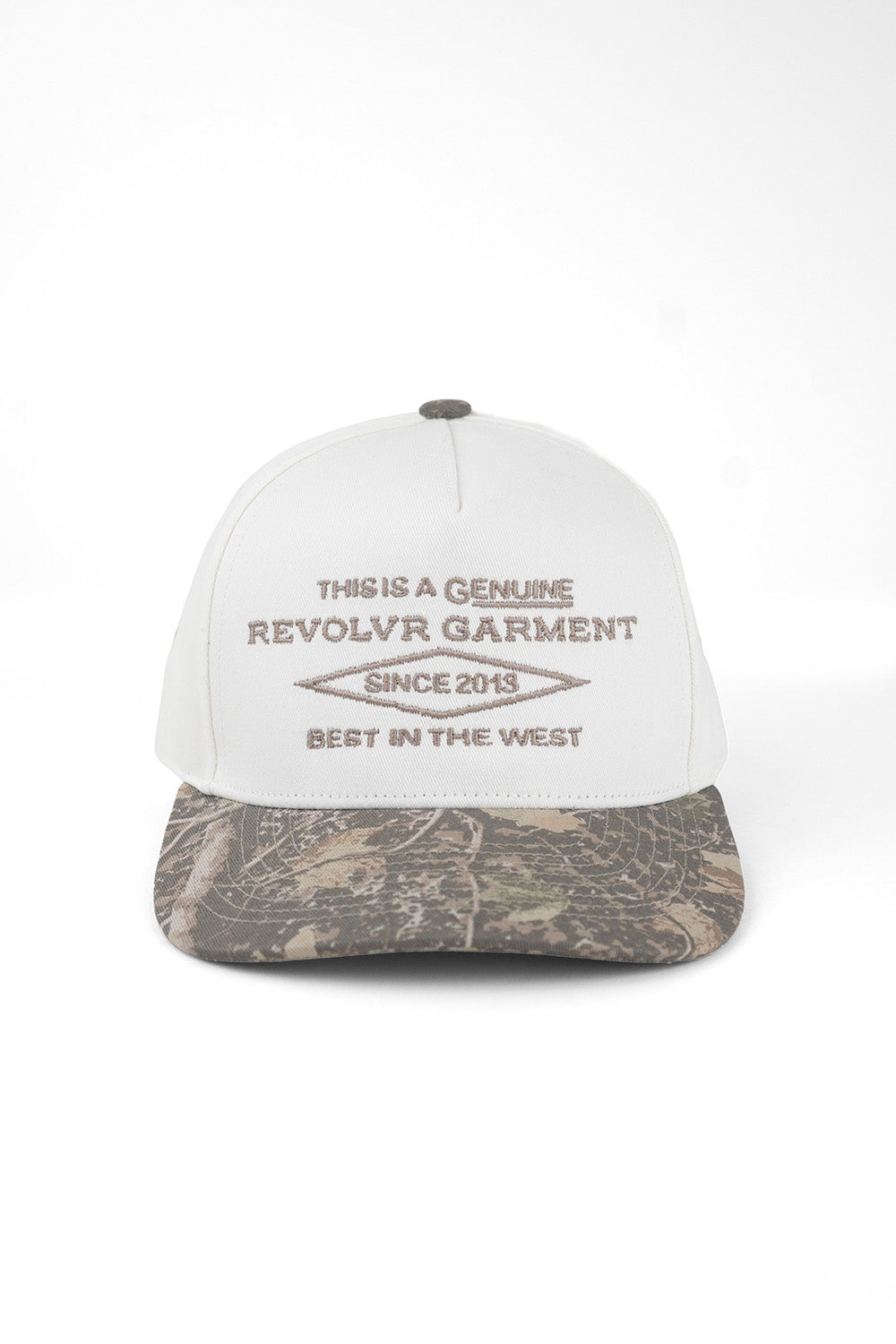 REVOLVR Deadwood Blocked Hat in Cream/Camo — Front view