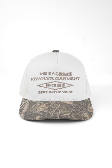 REVOLVR Deadwood Blocked Hat in Cream/Camo — Front view