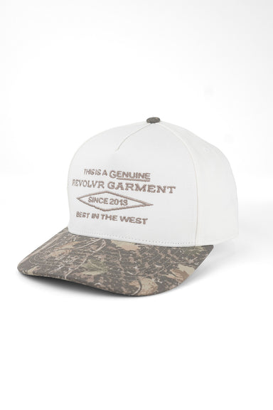REVOLVR Deadwood Blocked Hat in Cream/Camo — Quarter view