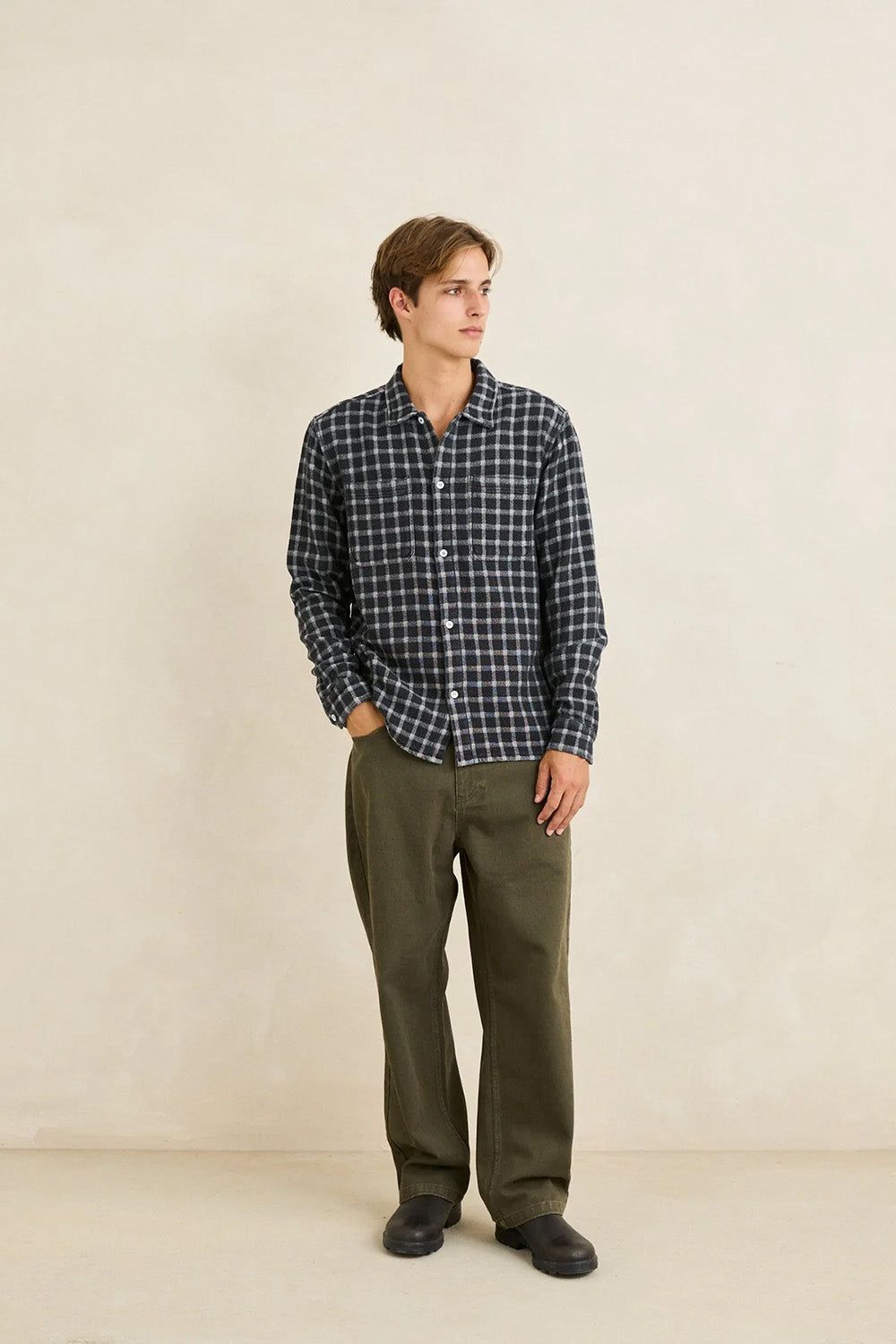 Rhythm - Jacquard Check Shirt - Black - Model Full Body