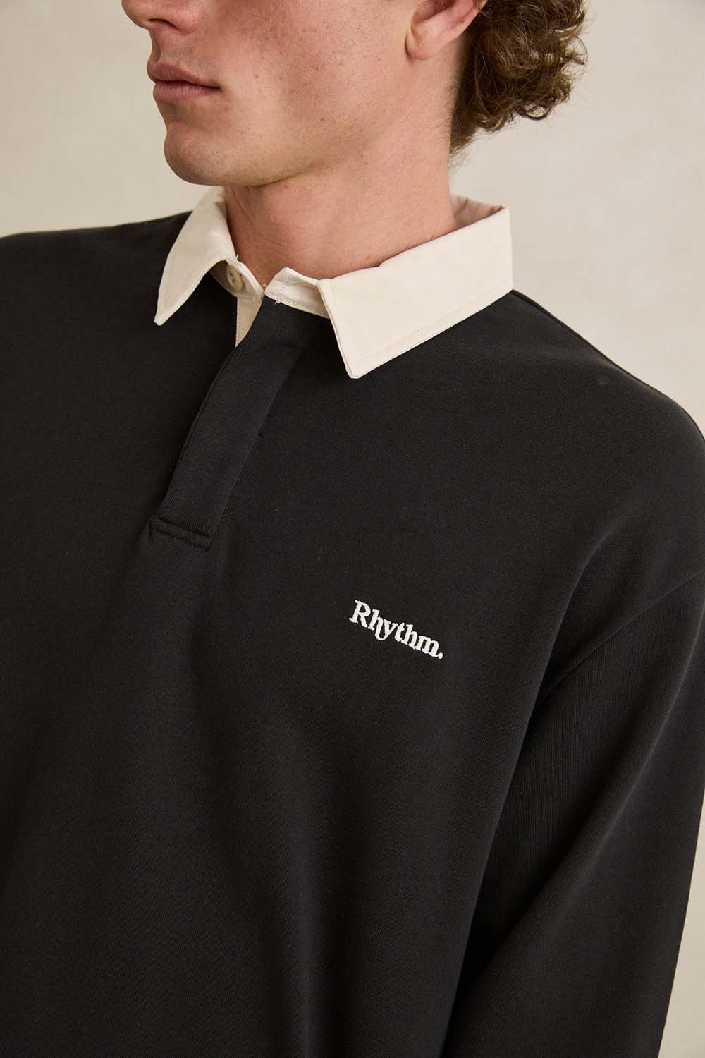 Rhythm Koa Vintage Rugby Polo in Black — Detail-Collar view