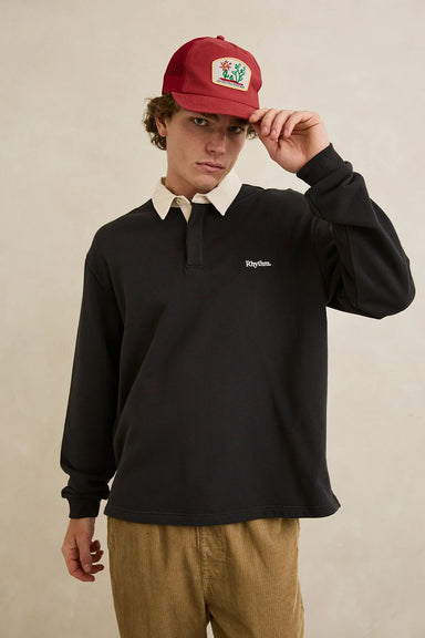 Rhythm Koa Vintage Rugby Polo in Black — Front view
