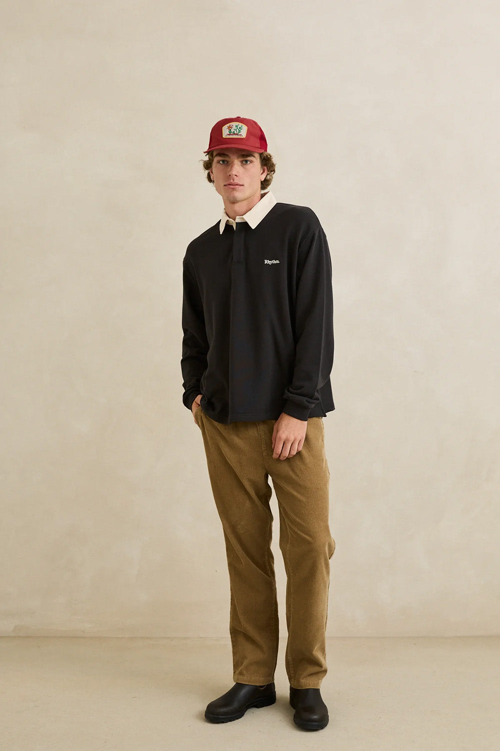 Rhythm Koa Vintage Rugby Polo in Black — Full-Body view