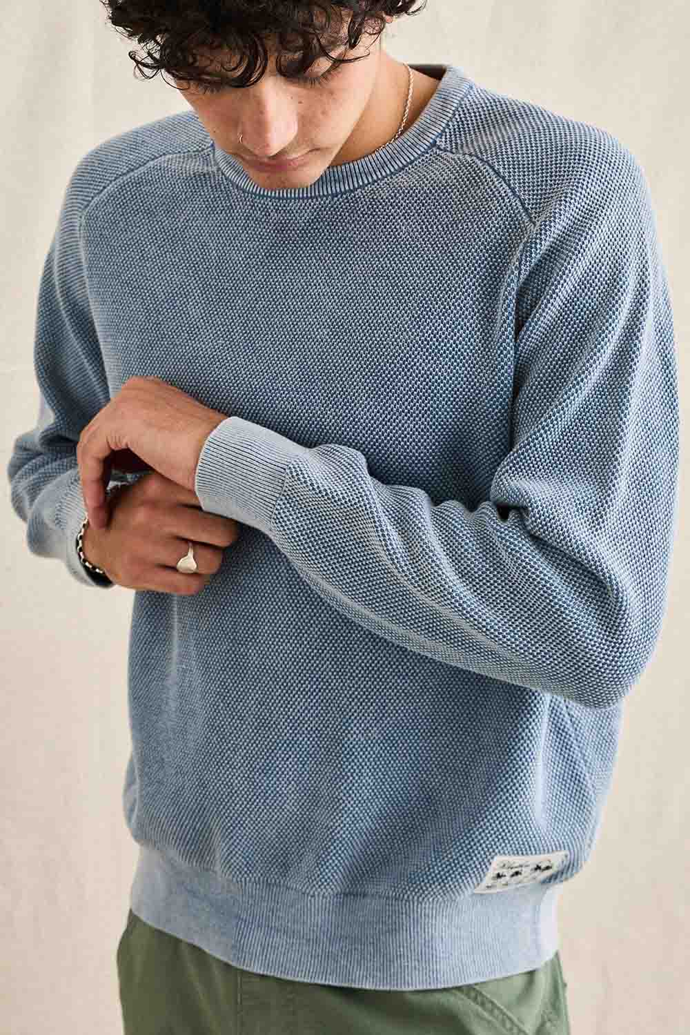 Rhythm Polu Crew Knit in Washed Blue — Detail-Cuff view