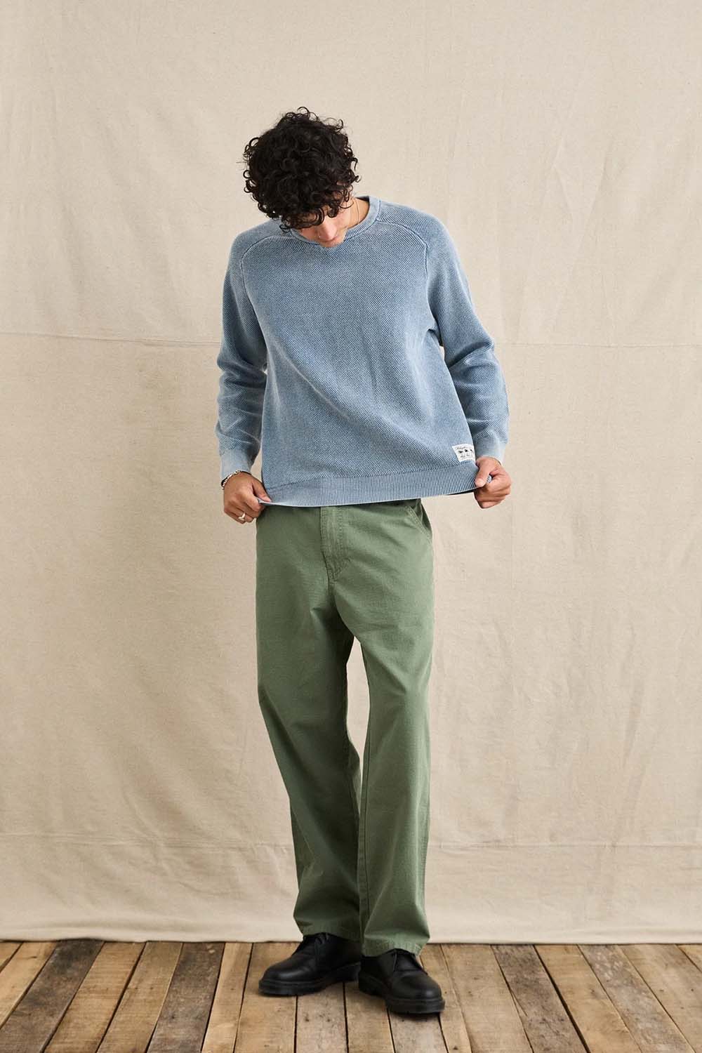 Rhythm Polu Crew Knit in Washed Blue — Lifestyle view