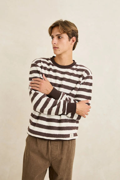 Rhythm - Stria Sherpa Crew Fleece - Chocolate - Model Front