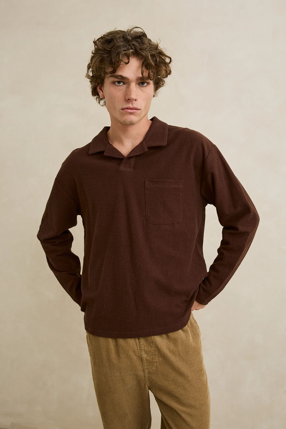 Rhythm Vintage Terry Polo in Chocolate — Front view