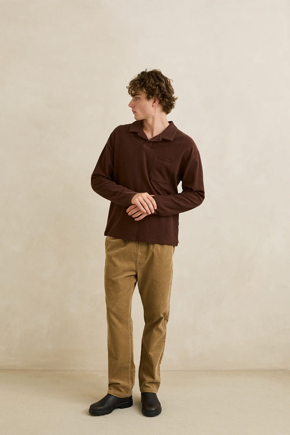 Rhythm Vintage Terry Polo in Chocolate — Quarter view