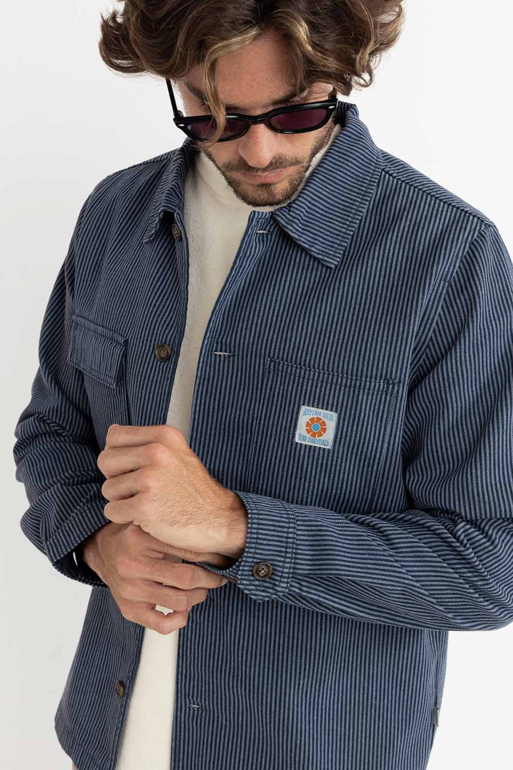 rhythm hickory stripe work shirt navy detail