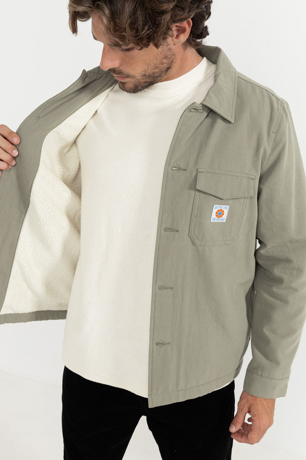 rhythm sherpa lined work shirt sage inside 
