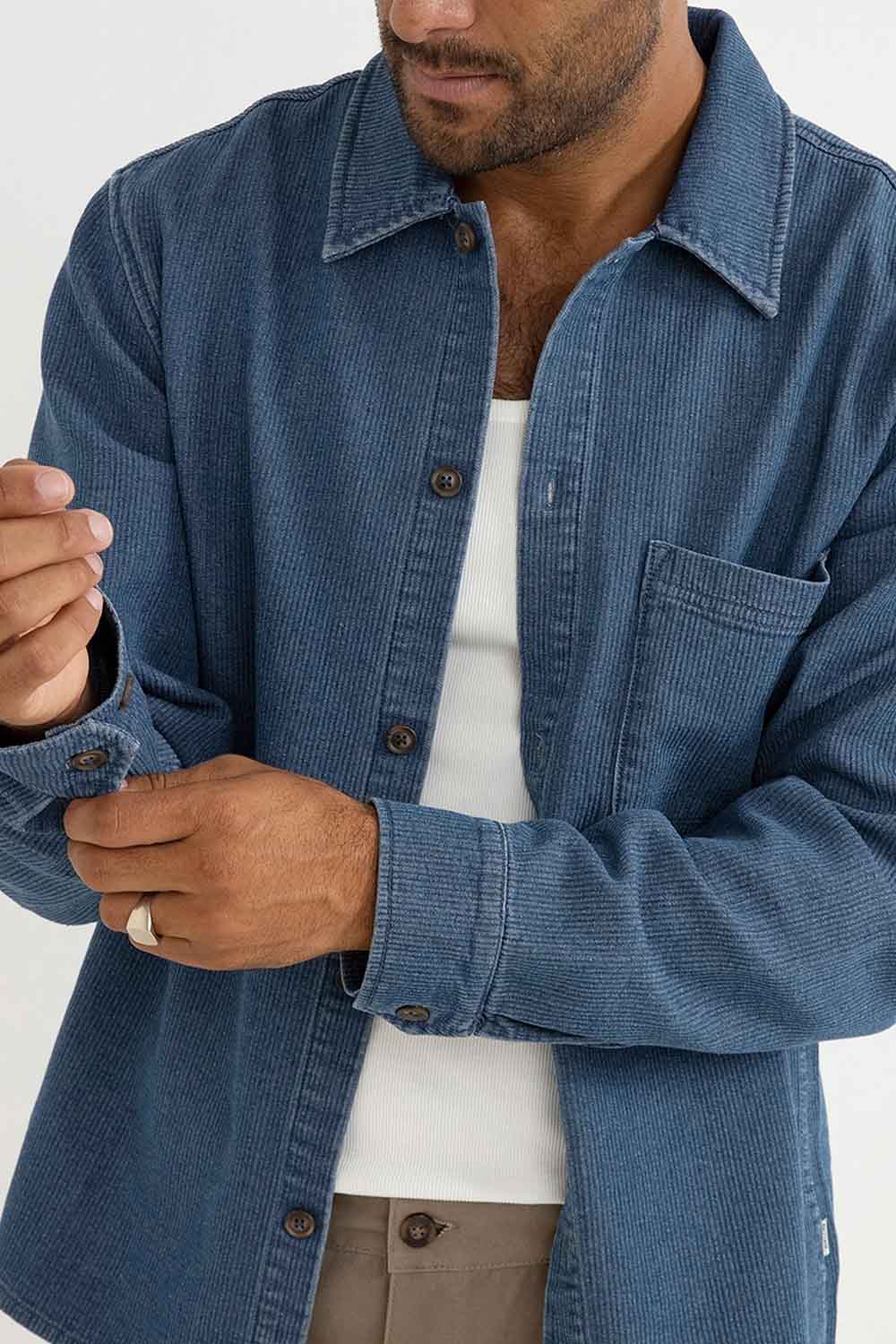 rhythm textured wale ls shirt washed indigo detail 