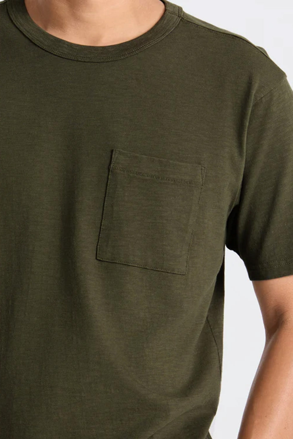 Roark Revival Well Worn Organic Tee in Military — Pocket detail view