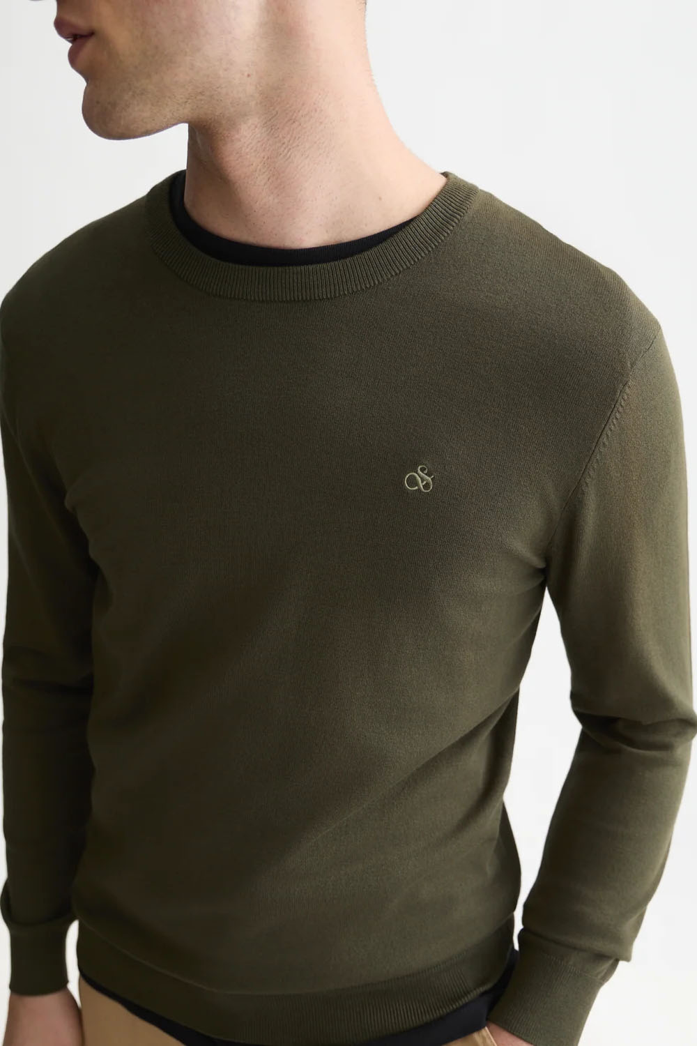 Scotch and Soda Ecovero Pullover in Forest Night — detail-chest view
