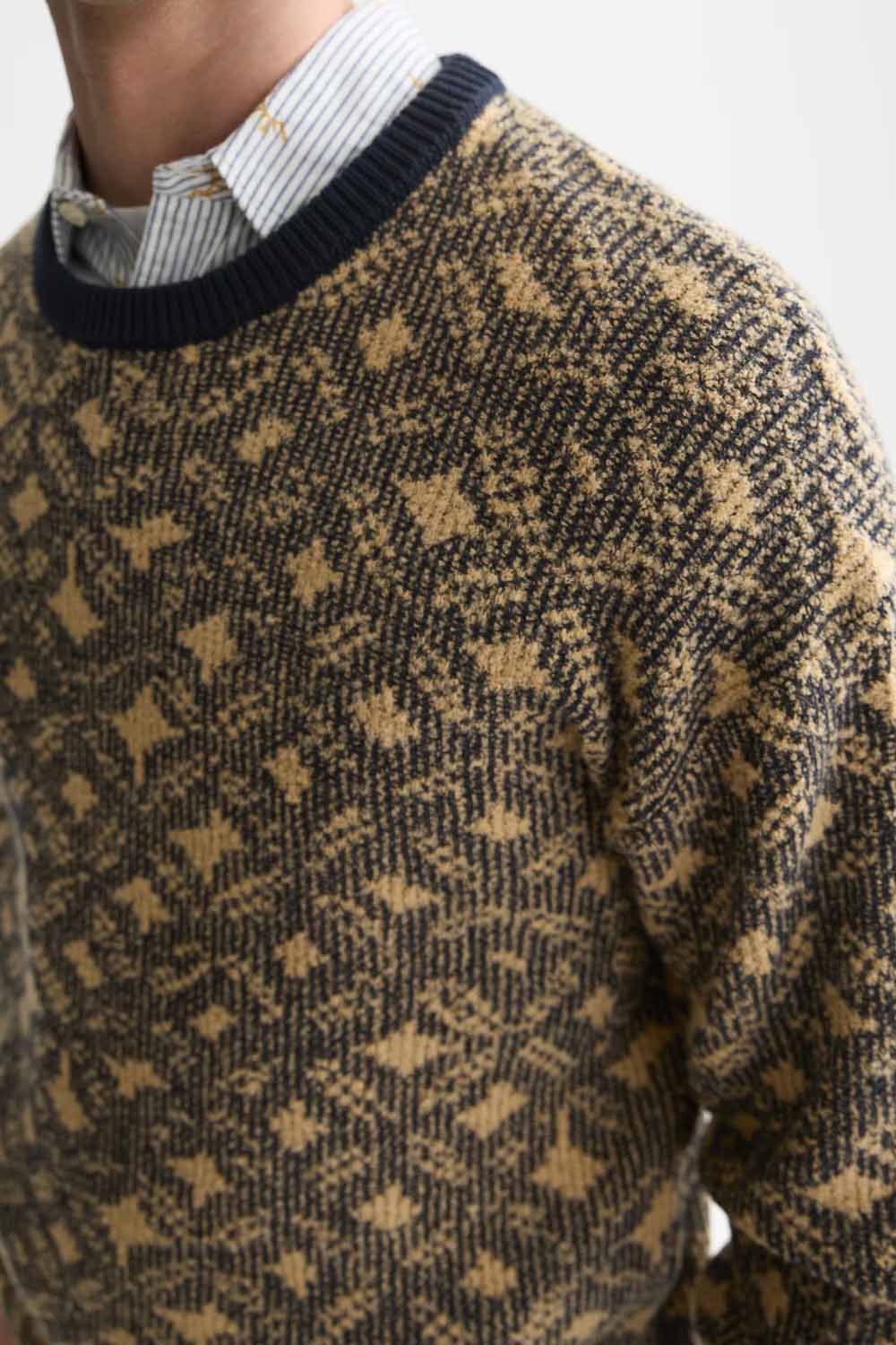 Scotch and Soda Jacquard Pullover in Tiles Flower Dijon/Sky Captain — detail-neckline view