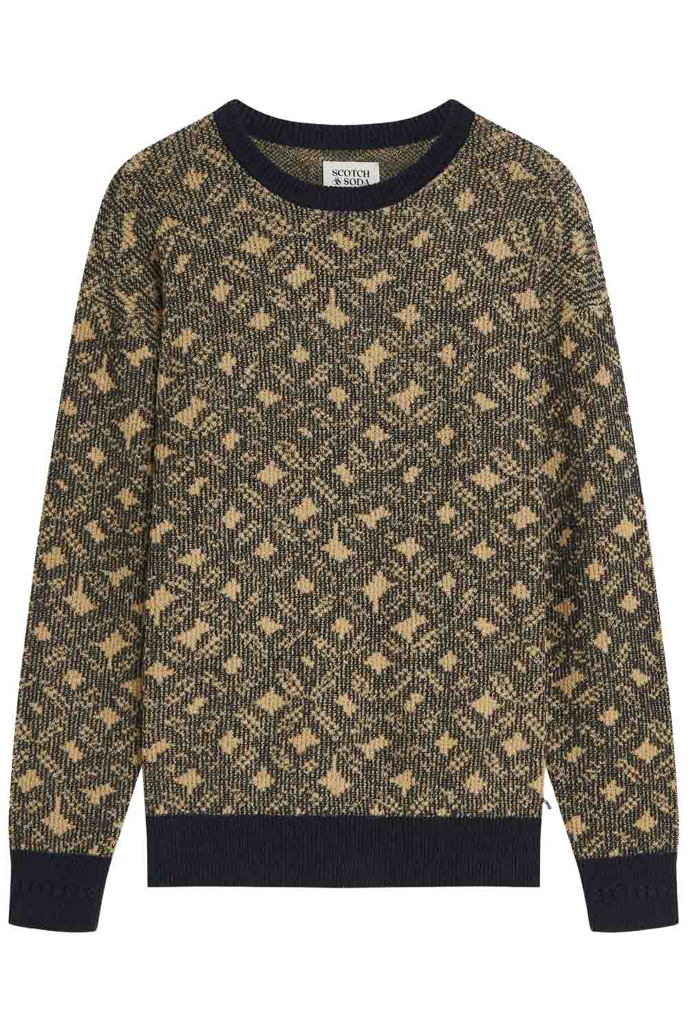 Scotch and Soda Jacquard Pullover in Tiles Flower Dijon/Sky Captain — flatlay view