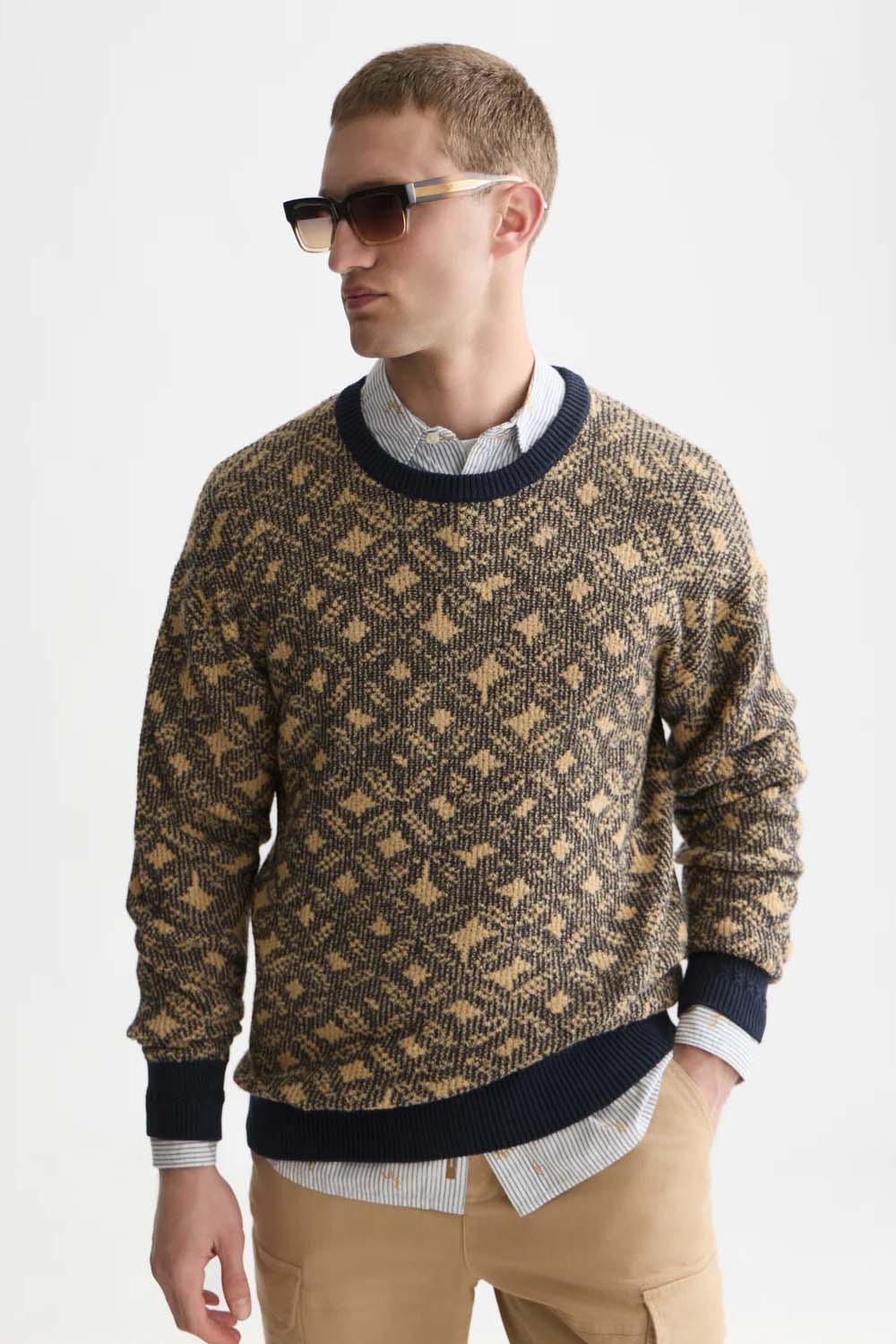 Scotch and Soda Jacquard Pullover in Tiles Flower Dijon/Sky Captain — front view