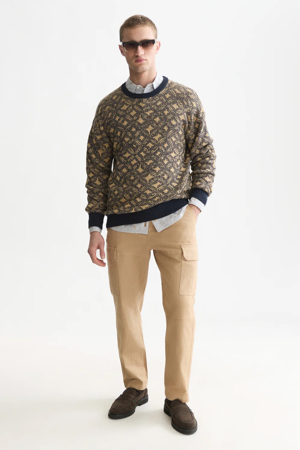 Scotch and Soda Jacquard Pullover in Tiles Flower Dijon/Sky Captain — full-body view