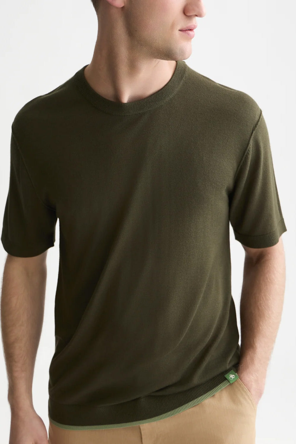 Scotch and Soda Knitted T-Shirt in Forest Night — detail-neckline view