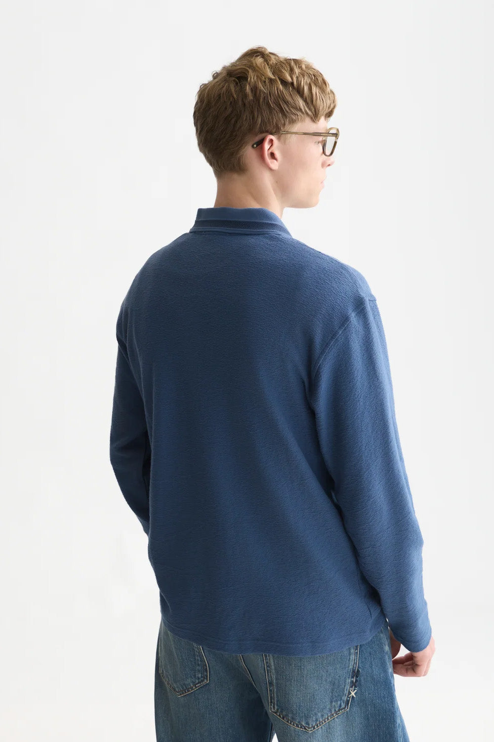 Scotch and Soda Structured Long Sleeve Polo in Ensign Blue — back view