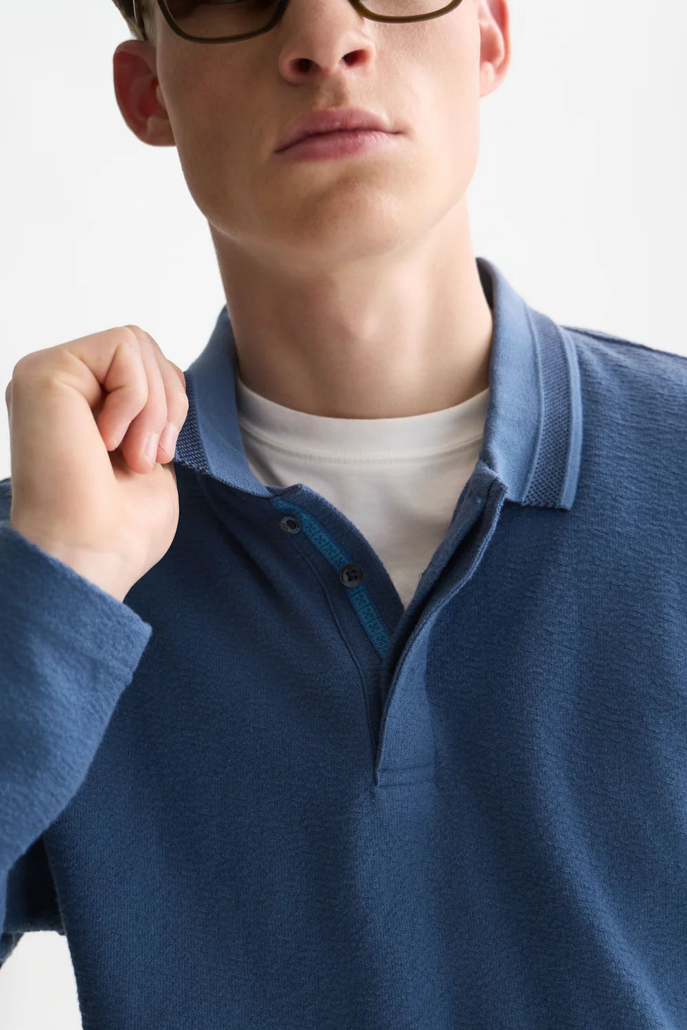 Scotch and Soda Structured Long Sleeve Polo in Ensign Blue — detail-collar view