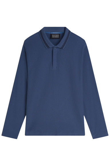 Scotch and Soda Structured Long Sleeve Polo in Ensign Blue — flatlay view