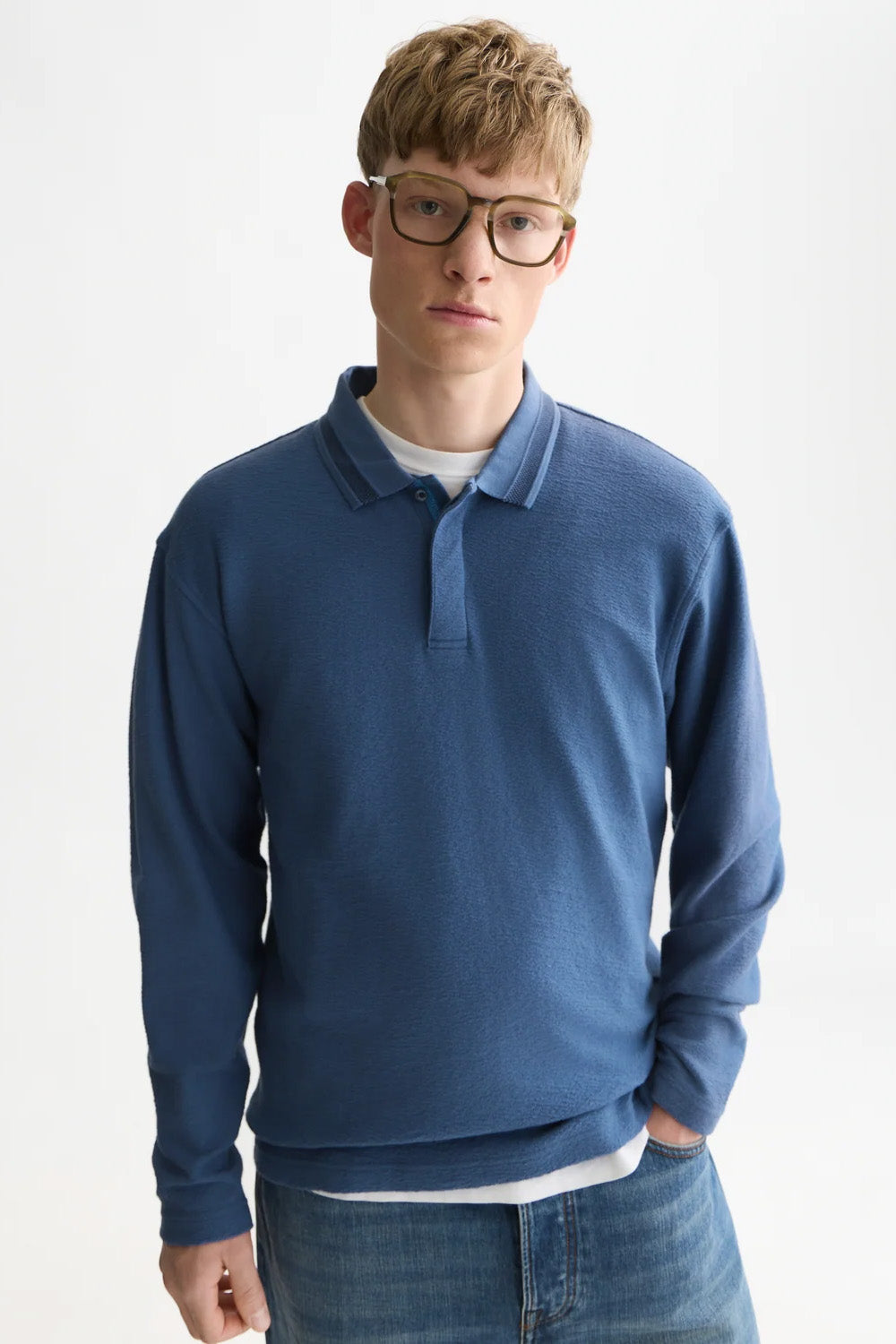 Scotch and Soda Structured Long Sleeve Polo in Ensign Blue — front view