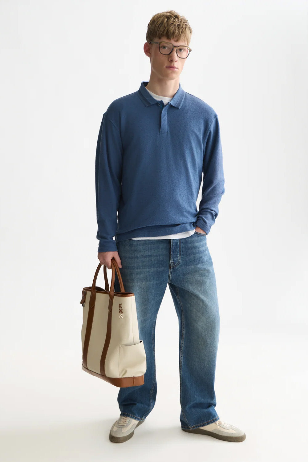 Scotch and Soda Structured Long Sleeve Polo in Ensign Blue — full-body view