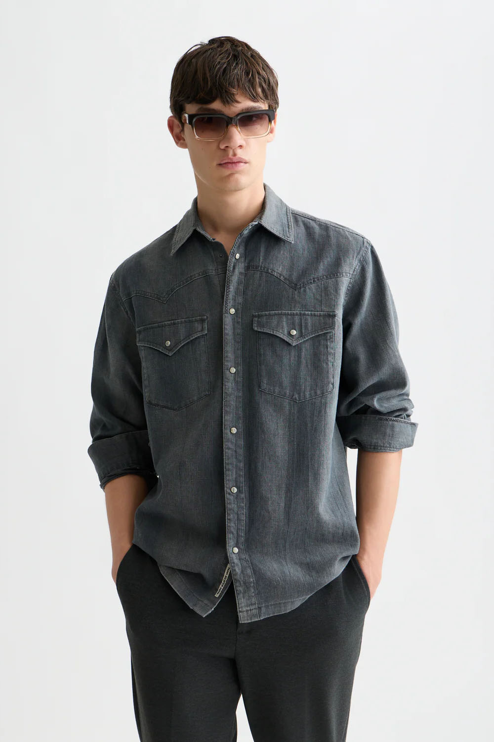 scotch and soda denim relaxed fit washed shirt meteorite front