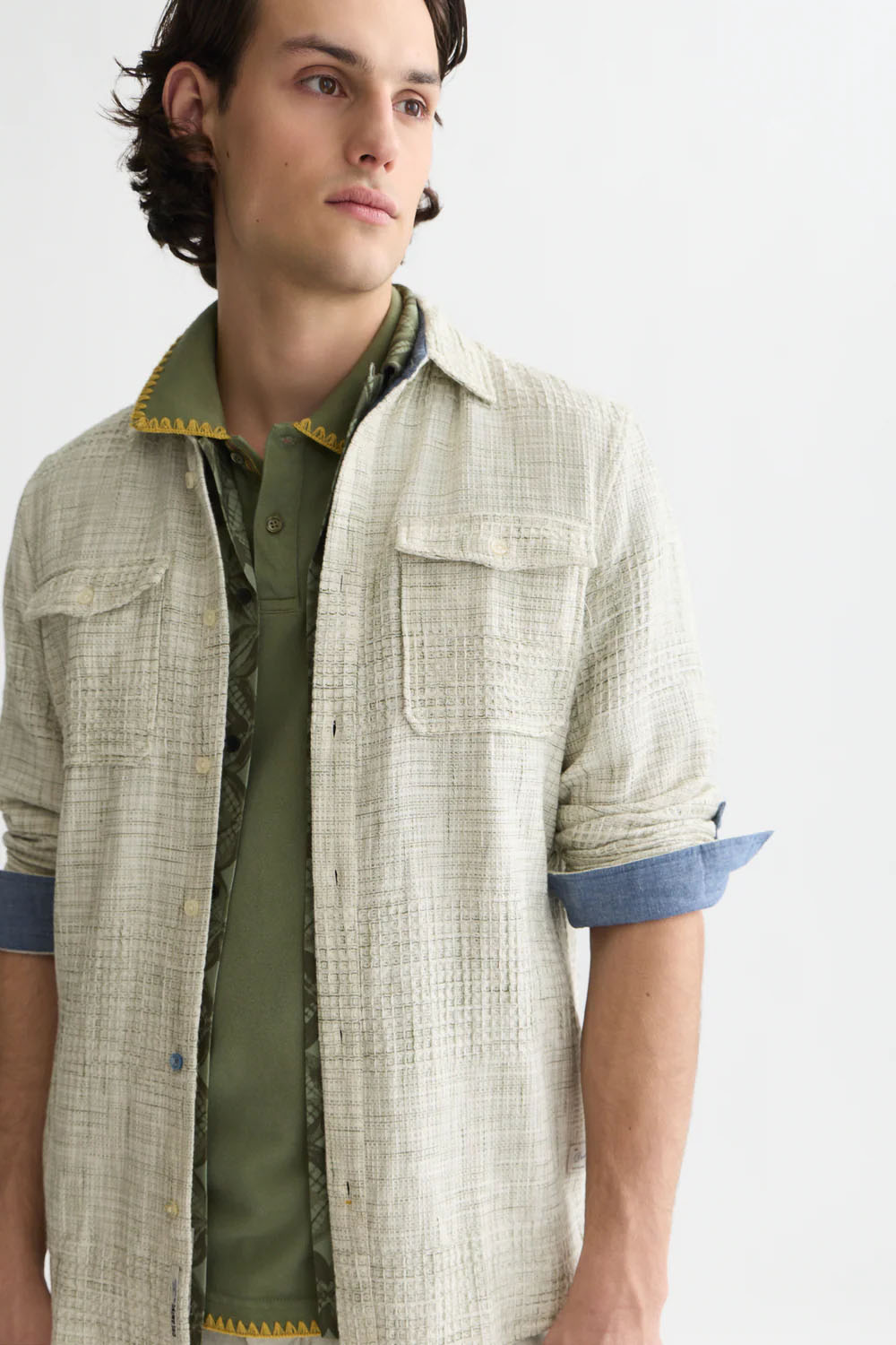 scotch and soda melange waffle shirt oil green detail
