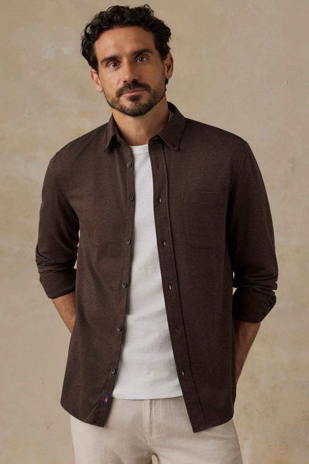 Faherty Coastline Knit Shirt in Brown Road Twill — Front view