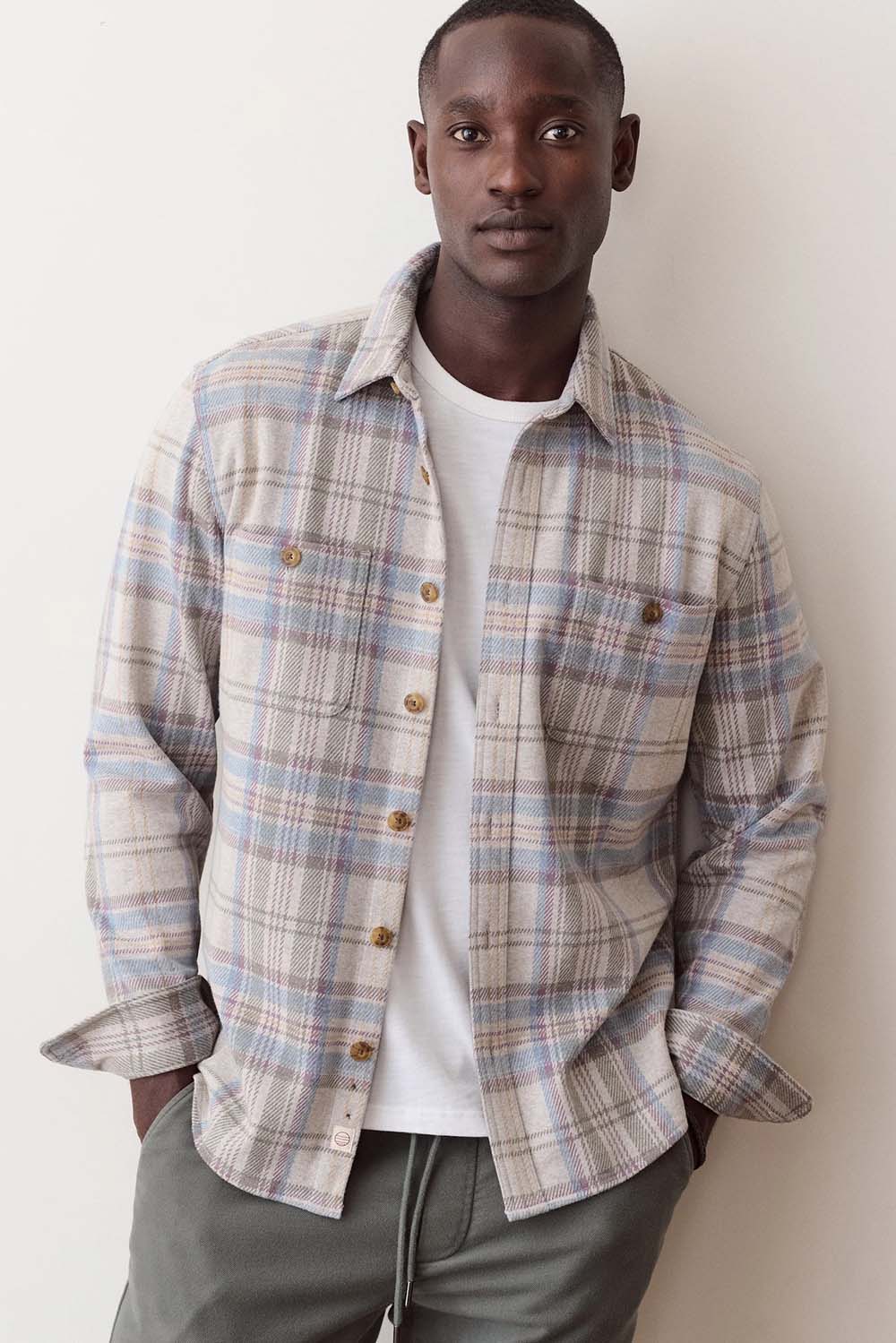 Marine Layer Pacifica Overshirt in Grey Plaid — Front view