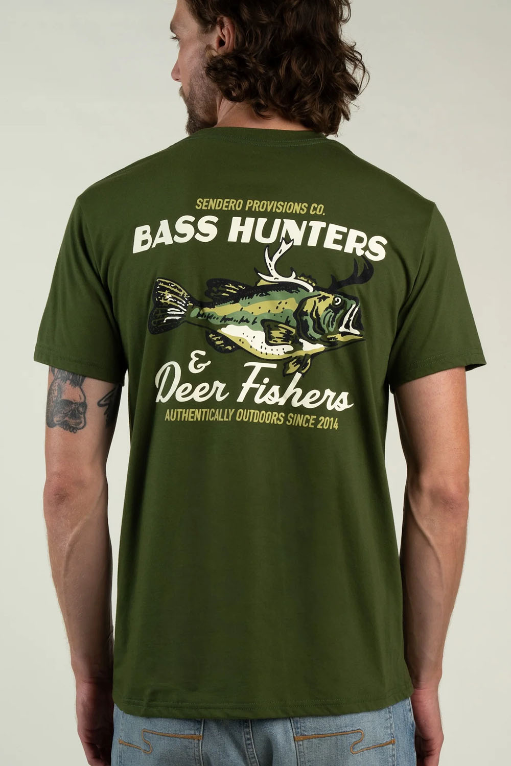 Sendero Deer Fishers T-Shirt in Army Green — Back view