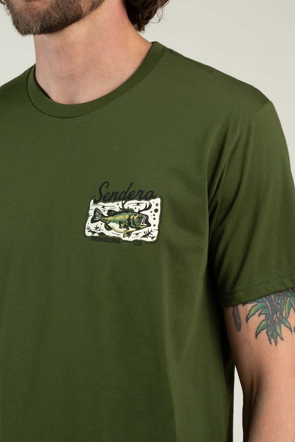 Sendero Deer Fishers T-Shirt in Army Green — Logo detail view