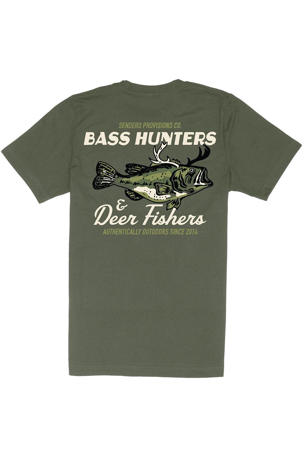 Sendero Deer Fishers T-Shirt in Army Green — Flatlay view