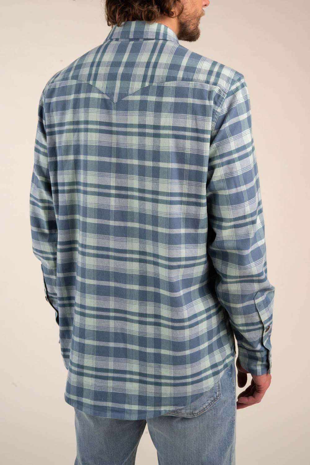 Sendero - Durango Flannel Stretch - Teal/Blue - Model Back