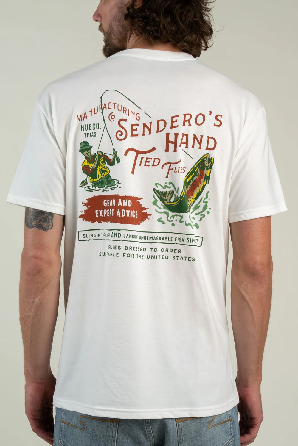 sendero-hand-tied-flies-tshirt-vintage-white-back