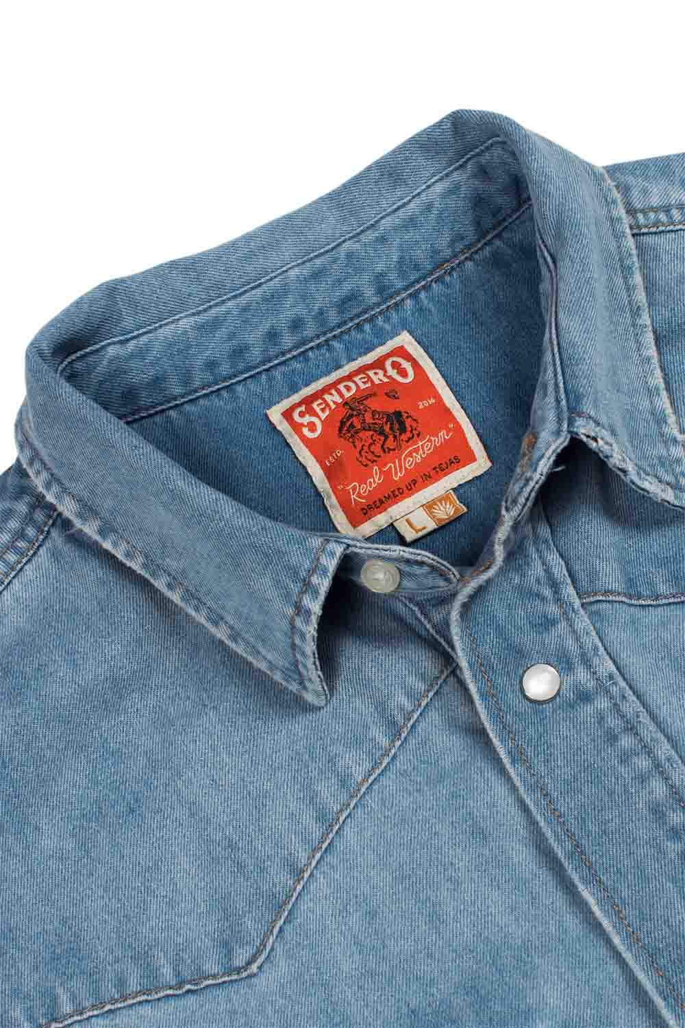 Sendero Wyatt Pearl Snap Shirt in Vintage Denim — Collar detail view
