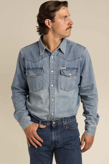 Sendero Wyatt Pearl Snap Shirt in Vintage Denim — Quarter view